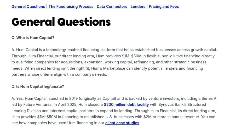 Hum Capital's FAQ stating that Hum Financial, its direct lending arm, provides $1M-$50M in financing to established U.S. businesses with $2M or more in annual revenue.