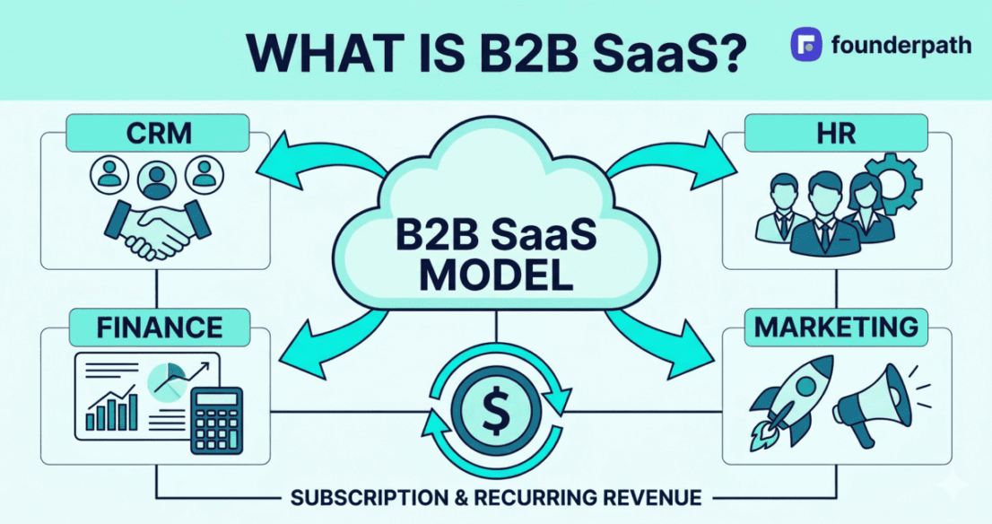 Infographic showing the B2B SaaS model — cloud-based software serving CRM, HR, Finance, and Marketing functions via subscription and recurring revenue