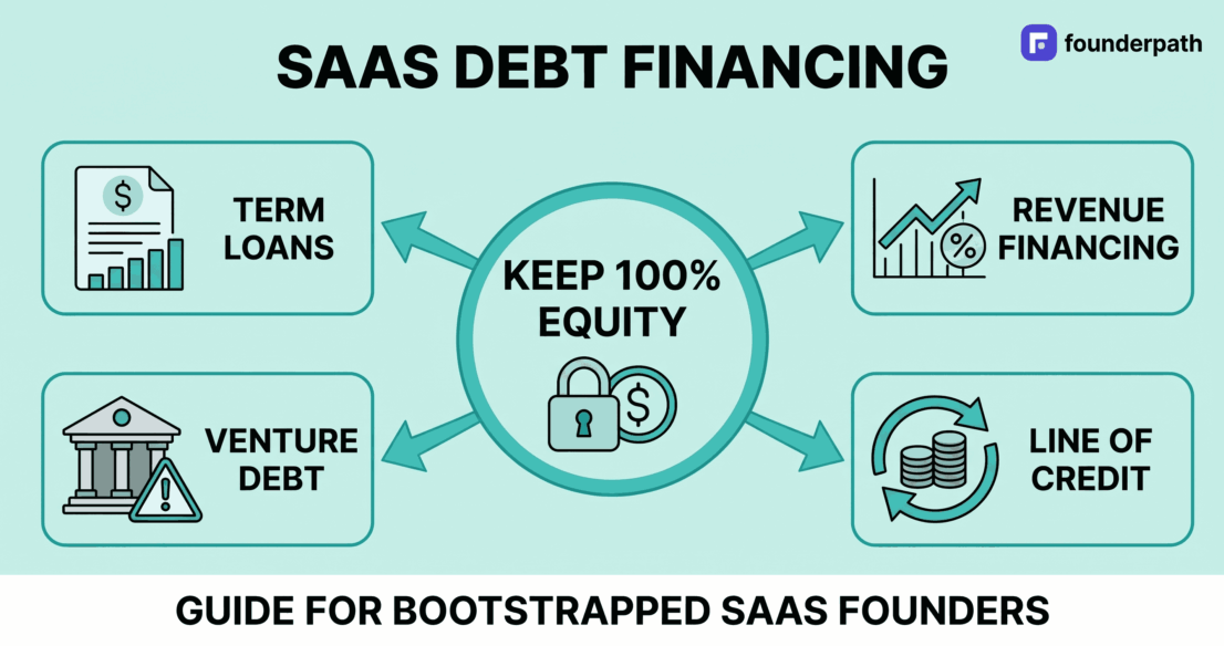 SaaS debt financing diagram showing term loans, revenue financing, venture debt, and line of credit — keep 100% equity guide for bootstrapped SaaS founders