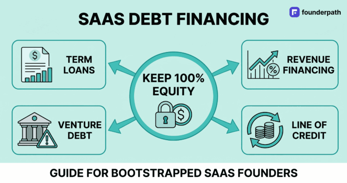 SaaS debt financing diagram showing term loans, revenue financing, venture debt, and line of credit — keep 100% equity guide for bootstrapped SaaS founders