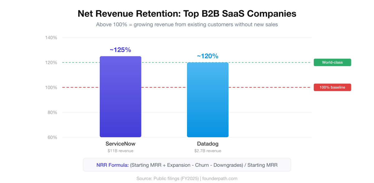 Bar chart comparing net revenue retention rates of ServiceNow at approximately 125% and Datadog at approximately 120%, with 100% baseline and world-class reference lines