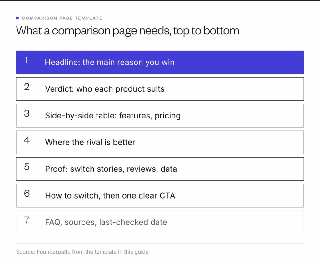 Comparison page template in seven parts: headline, verdict, side-by-side table, where the rival is better, proof, switching with one CTA, then FAQ and dated sources